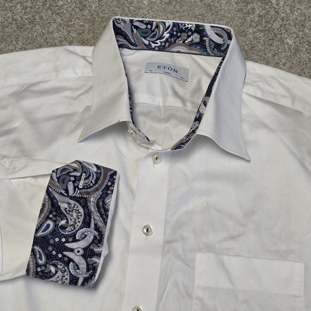 Eton White Dress Shirt 19.5 49 Classic Fit Paisley Trim Barrel Cuff Luxury